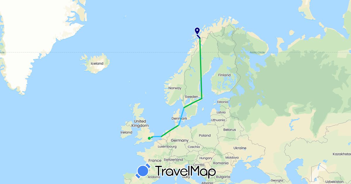 TravelMap itinerary: driving, bus, boat in Germany, United Kingdom, Netherlands, Norway, Sweden (Europe)